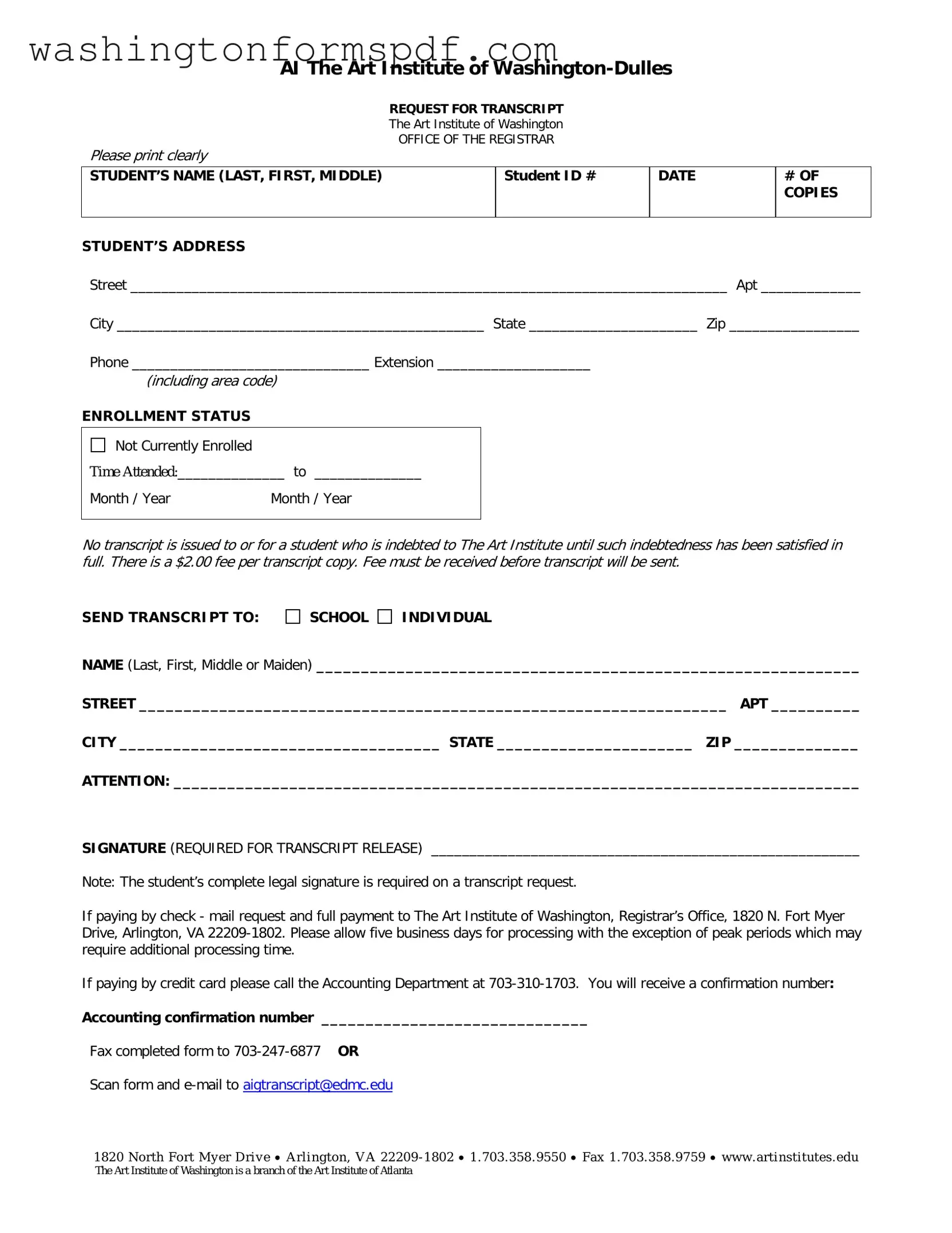 Official Art Institute Of Washington Transcript Request Form in PDF