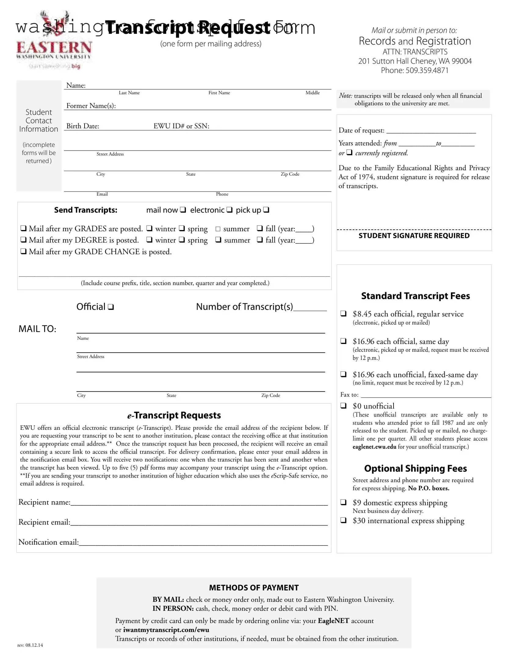 Official Eastern Washington University Transcript Form in PDF