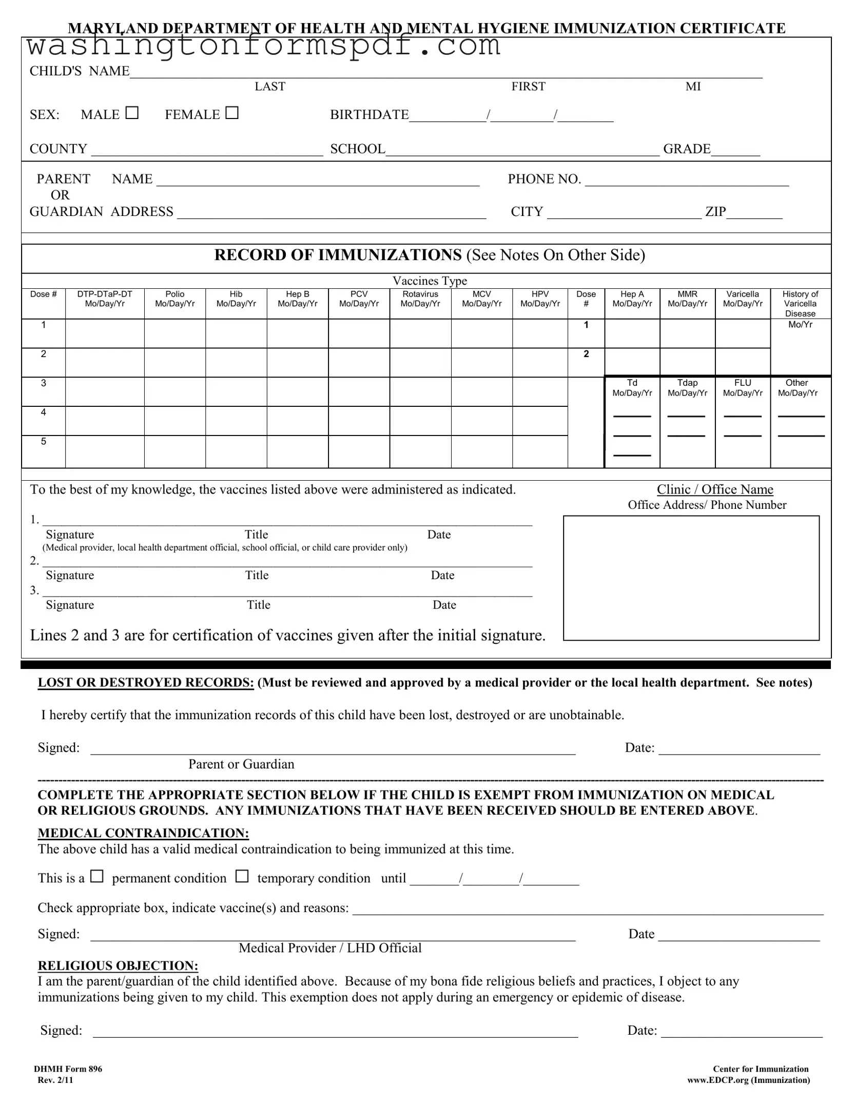 Official Immunization Washington State Form in PDF