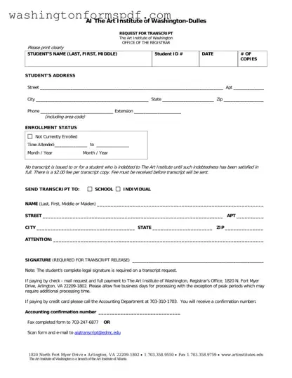 Official Art Institute Of Washington Transcript Request Form in PDF