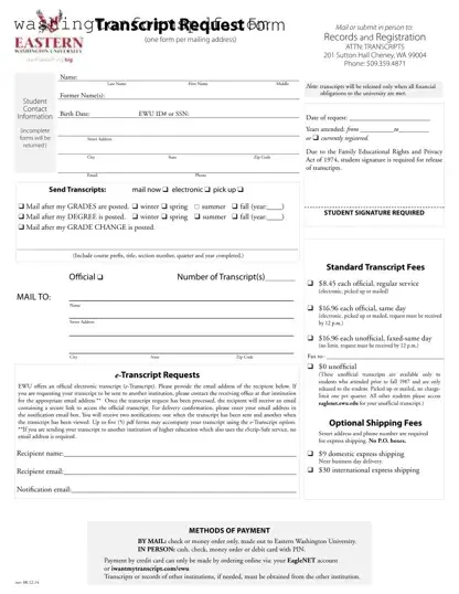 Official Eastern Washington University Transcript Form in PDF