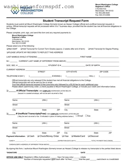 Official Mount Washington College Transcript Form in PDF