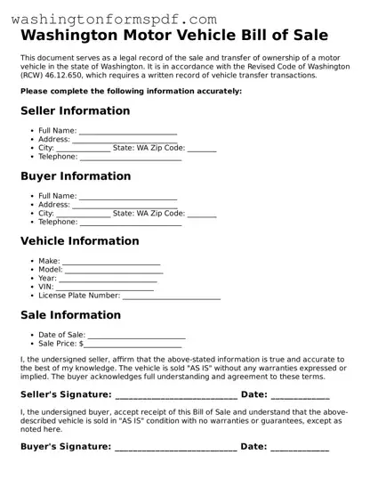 Printable  Motor Vehicle Bill of Sale Template for Washington