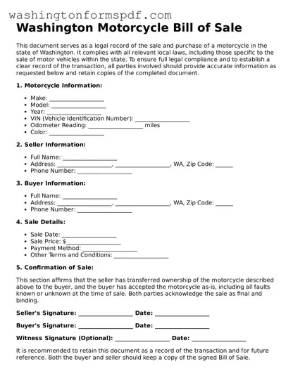 Printable  Motorcycle Bill of Sale Template for Washington