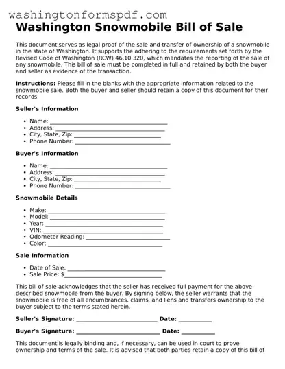 Printable  Snowmobile Bill of Sale Template for Washington