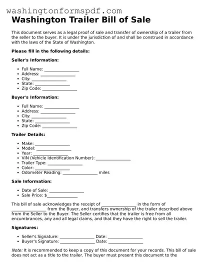 Printable  Trailer Bill of Sale Template for Washington