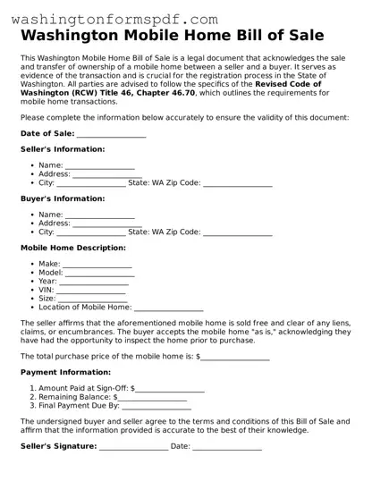 Printable  Mobile Home Bill of Sale Template for Washington