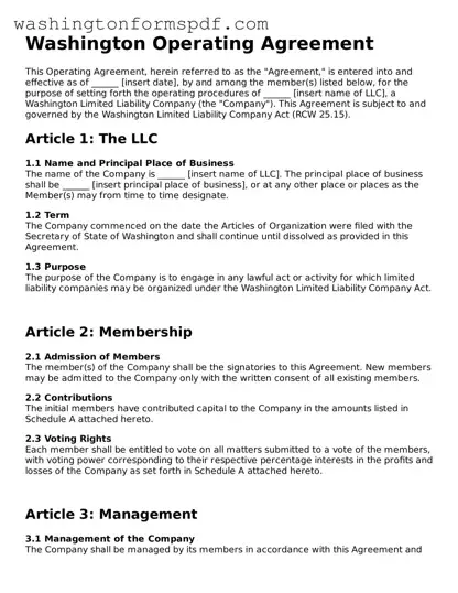 Printable  Operating Agreement Template for Washington
