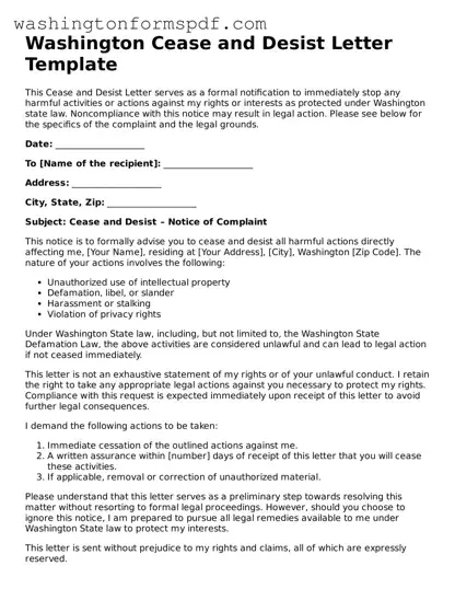 Printable  Cease and Desist Letter Template for Washington