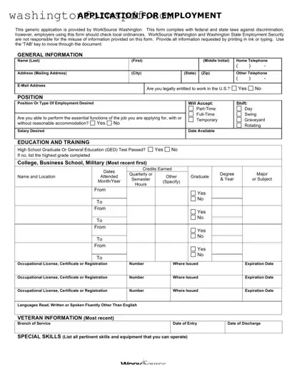 Official Washington Employment Application Form in PDF