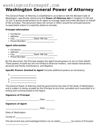 Printable  General Power of Attorney Template for Washington