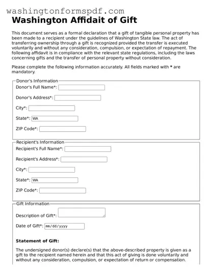 Printable  Affidavit of Gift Template for Washington