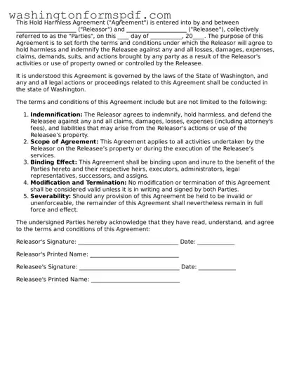 Printable  Hold Harmless Agreement Template for Washington