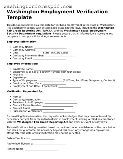 Printable  Employment Verification Template for Washington
