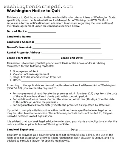 Printable  Notice to Quit Template for Washington