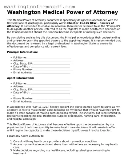 Printable  Medical Power of Attorney Template for Washington