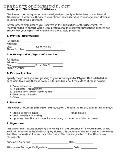 Printable  Power of Attorney Template for Washington