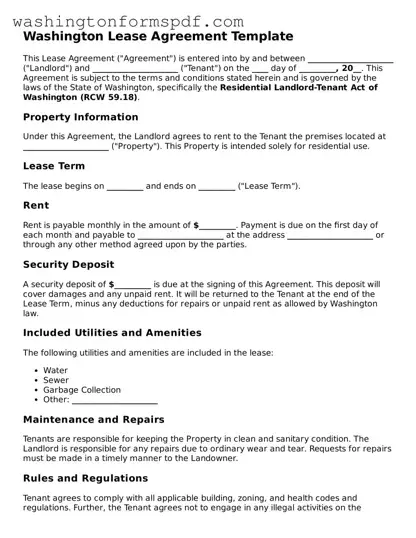 Printable  Lease Agreement Template for Washington