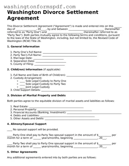 Printable  Divorce Settlement Agreement Template for Washington