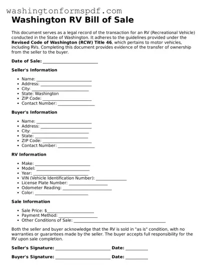 Printable  RV Bill of Sale Template for Washington
