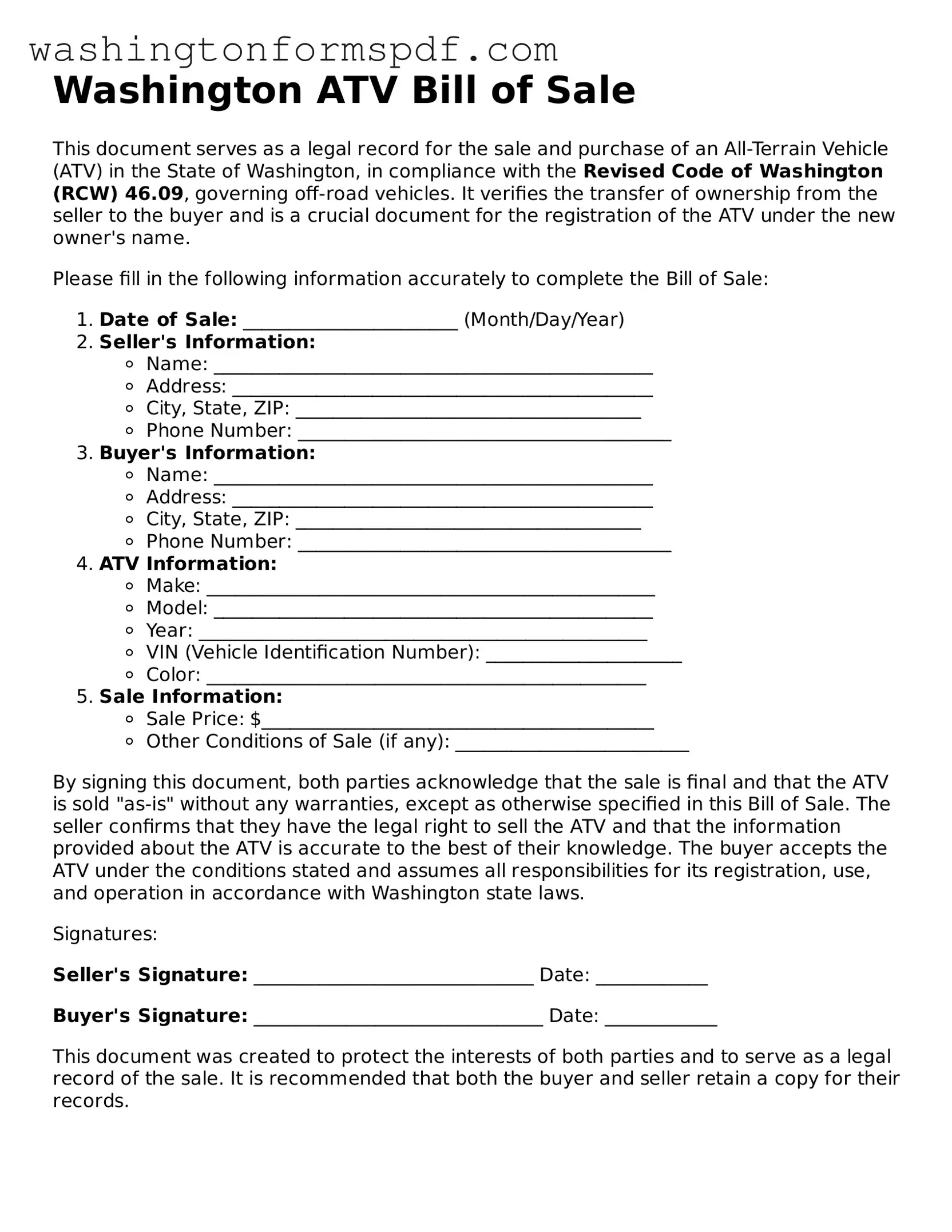 Printable  ATV Bill of Sale Template for Washington