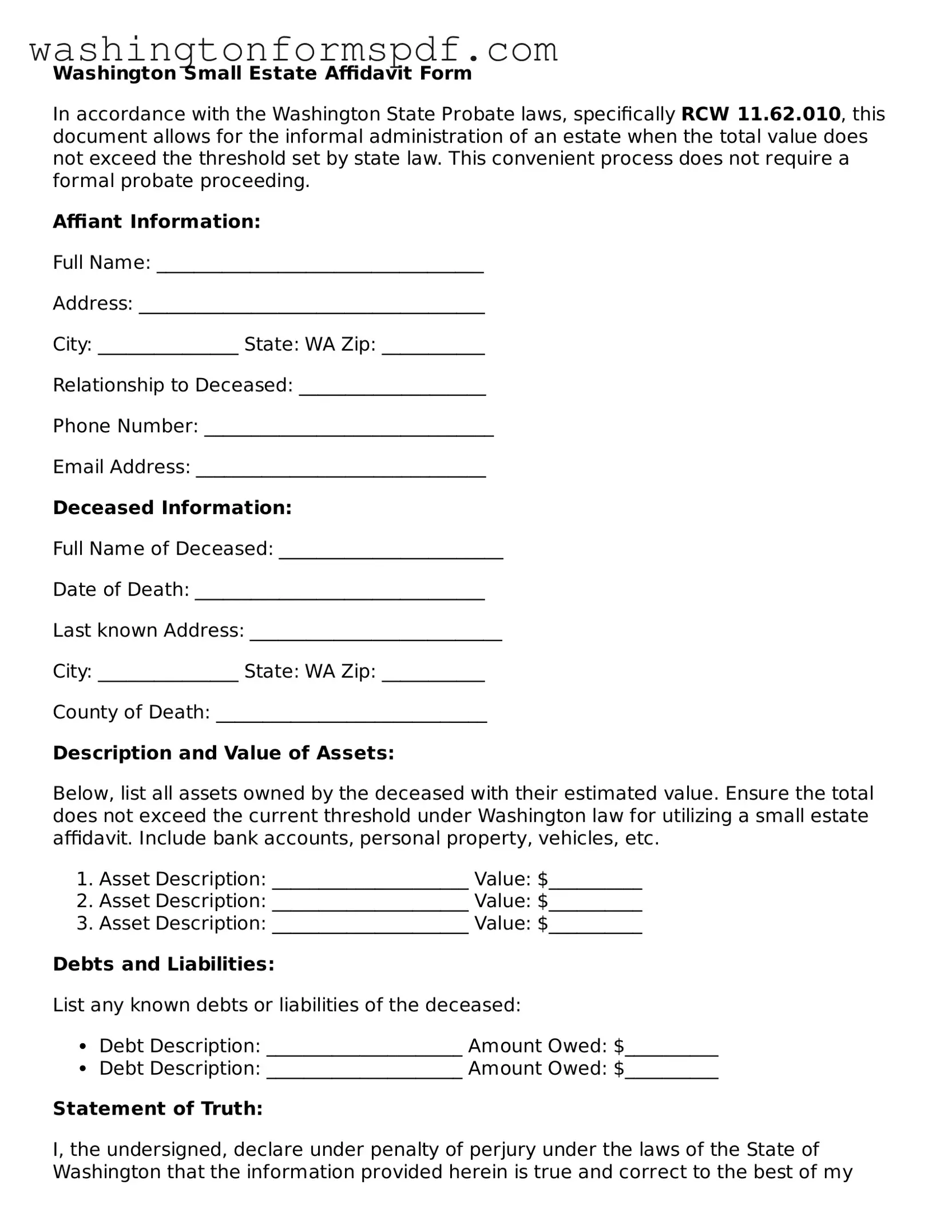 Printable  Small Estate Affidavit Template for Washington