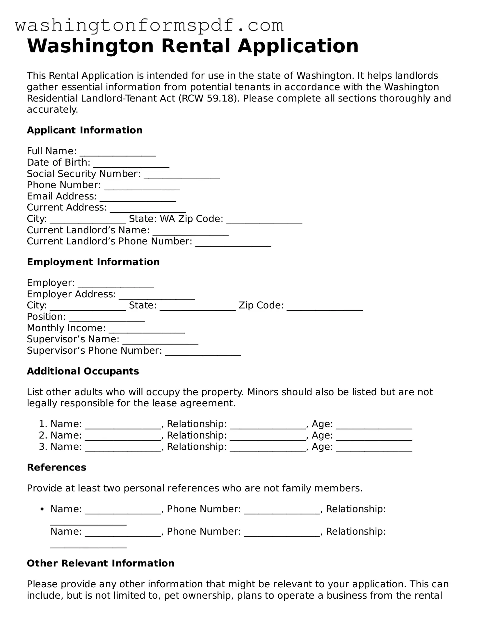 Printable  Rental Application Template for Washington
