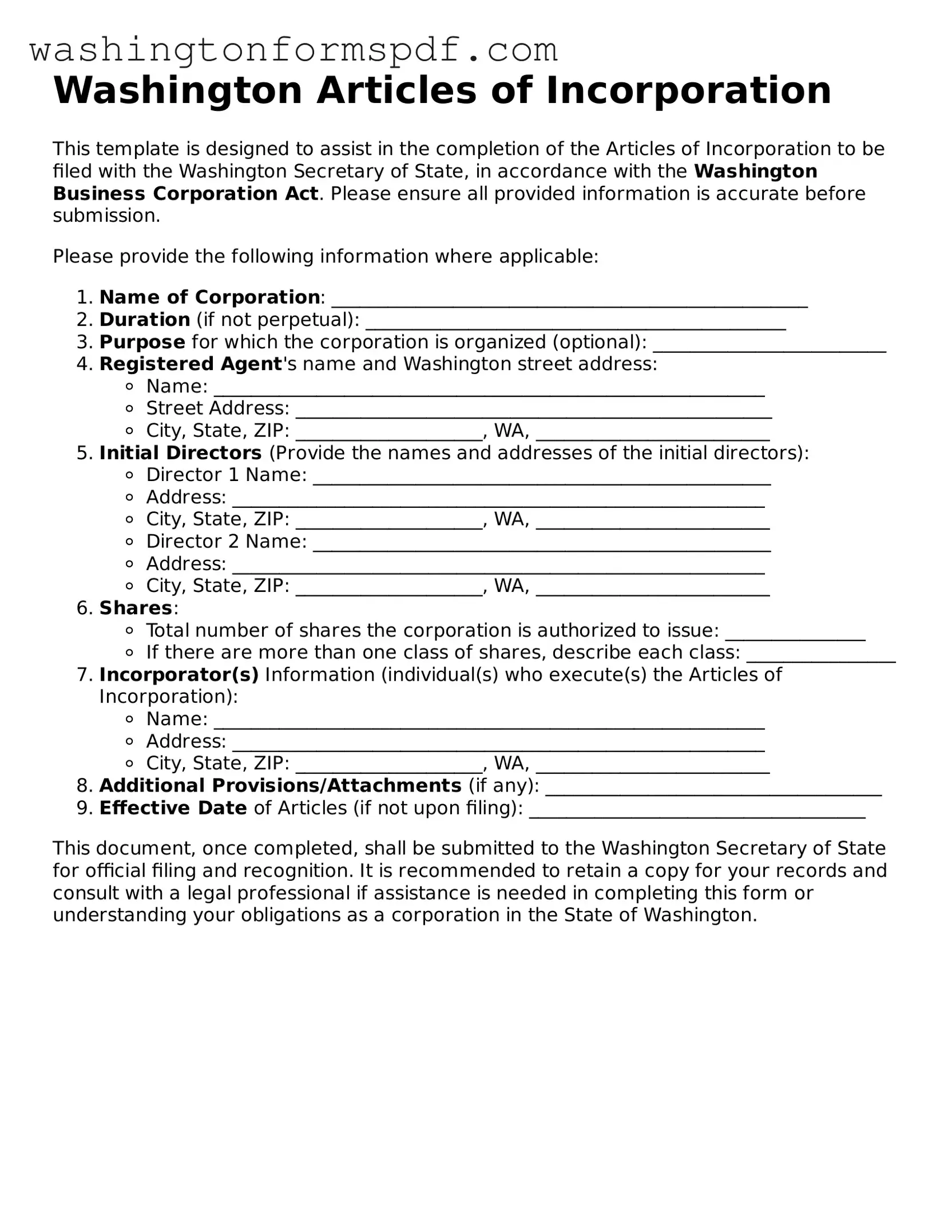 Printable  Articles of Incorporation Template for Washington