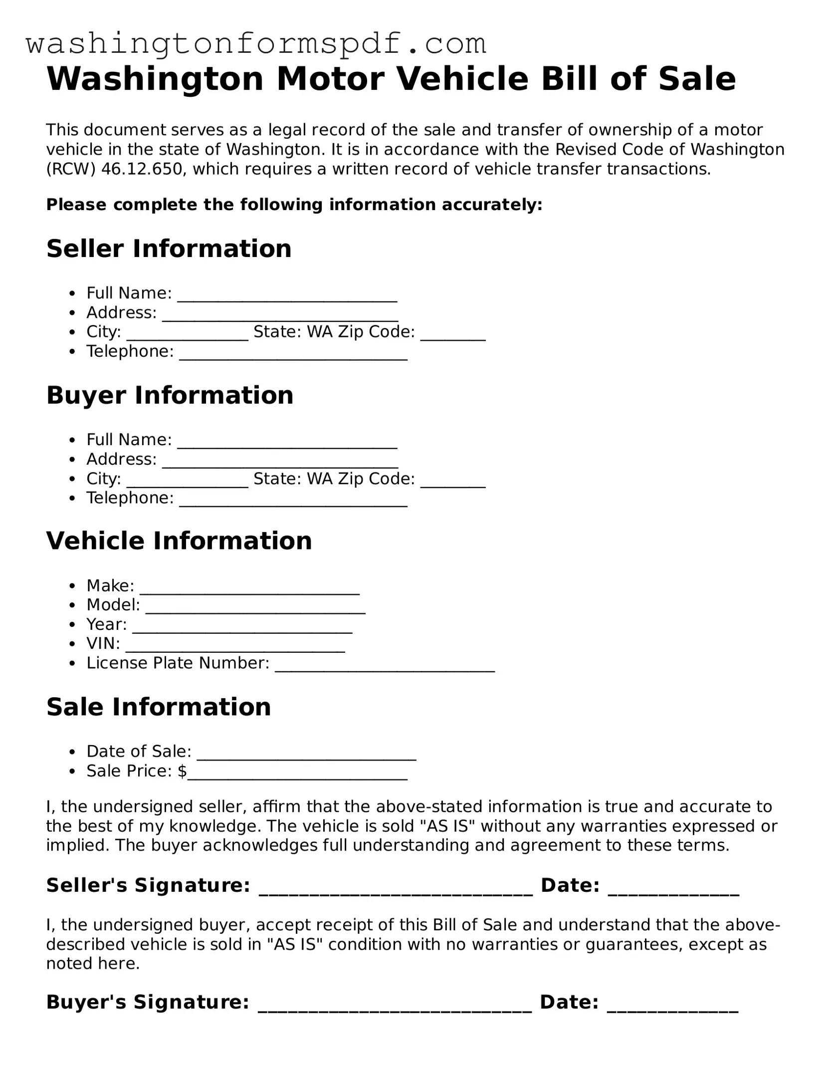Printable  Motor Vehicle Bill of Sale Template for Washington