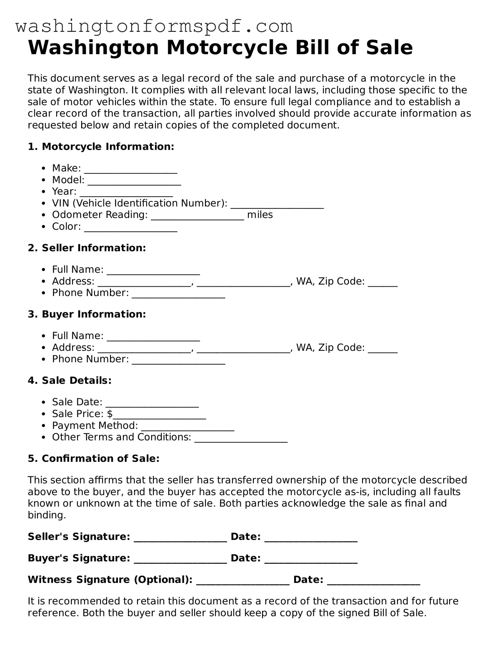 Printable  Motorcycle Bill of Sale Template for Washington