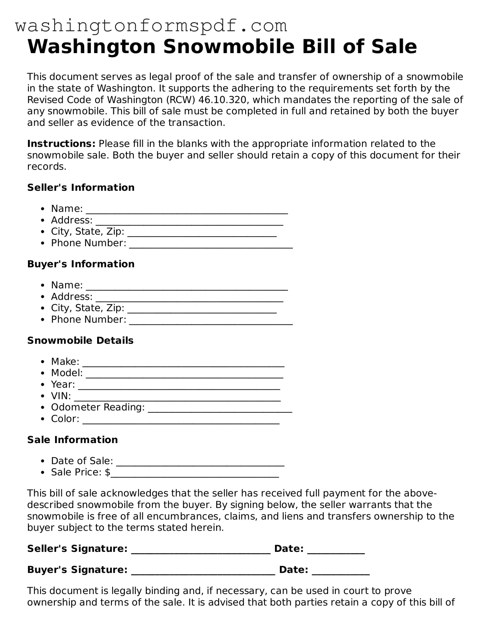 Printable  Snowmobile Bill of Sale Template for Washington