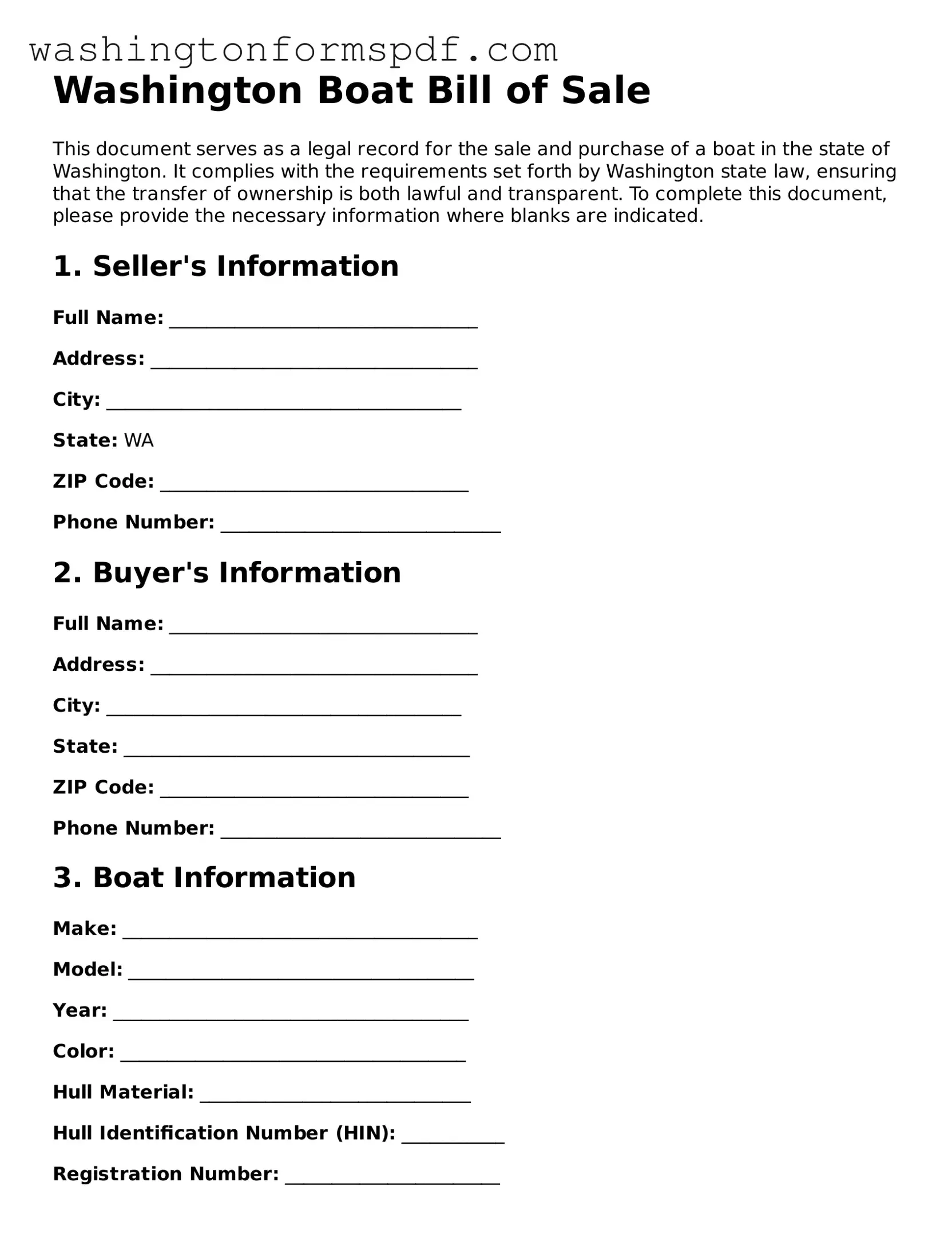 Printable  Boat Bill of Sale Template for Washington