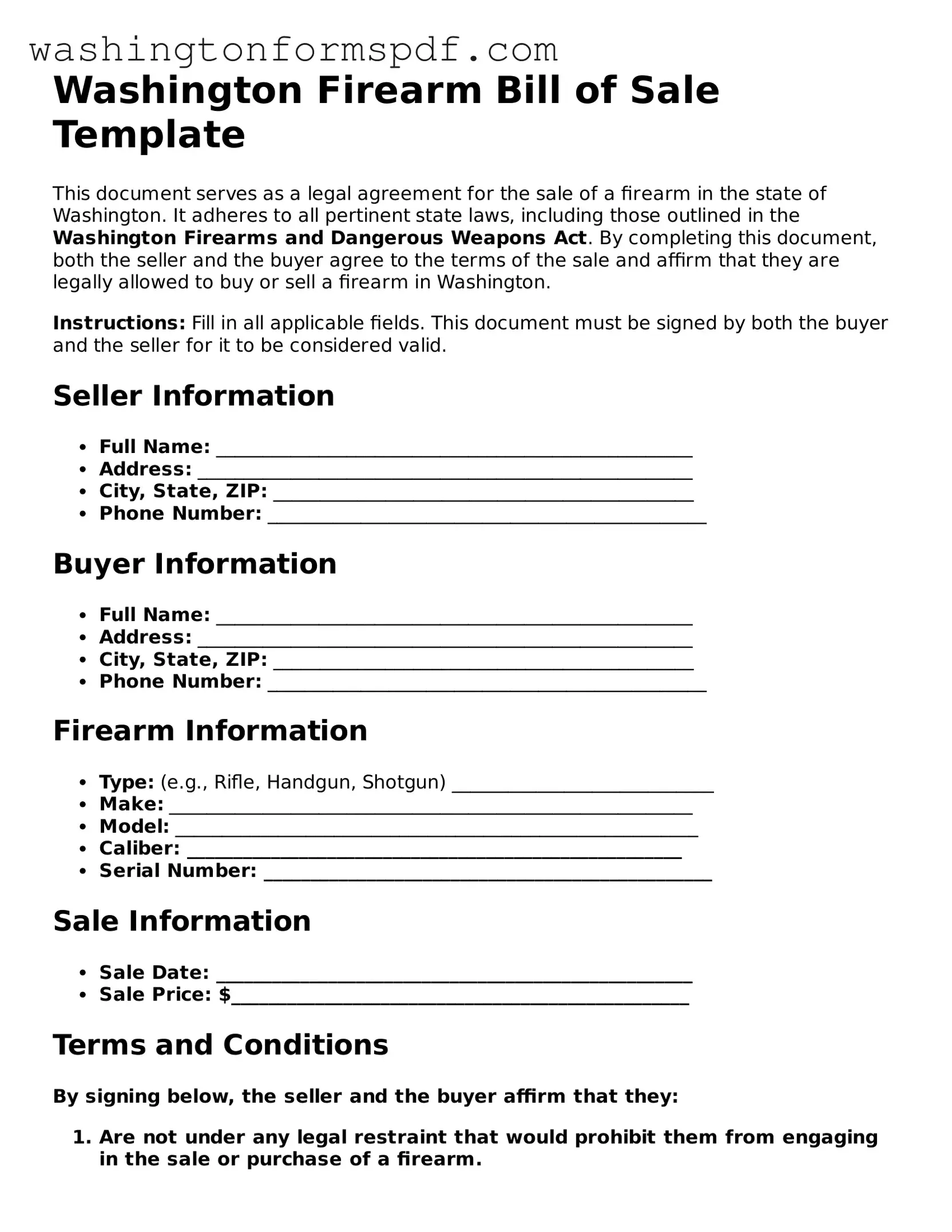 Printable  Firearm Bill of Sale Template for Washington