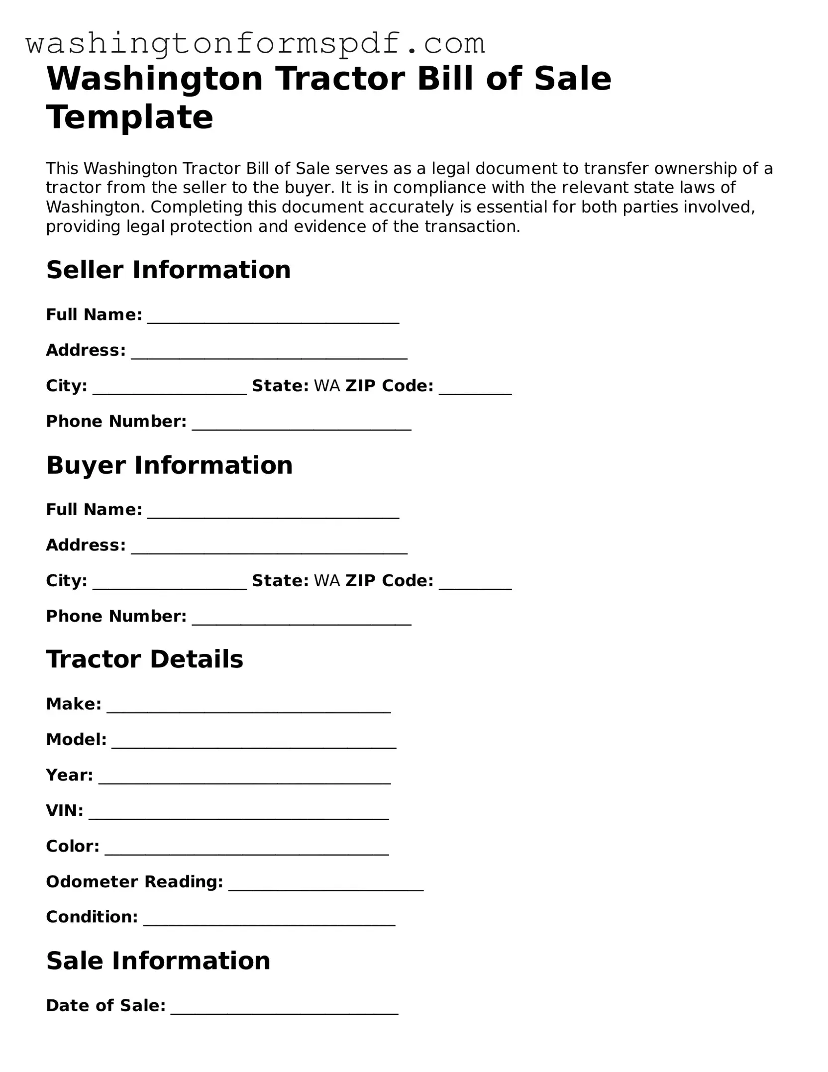 Printable  Tractor Bill of Sale Template for Washington