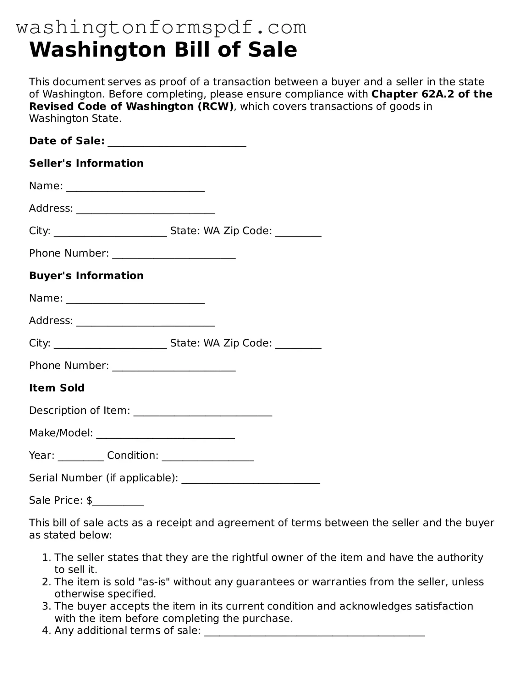 Printable  Bill of Sale Template for Washington