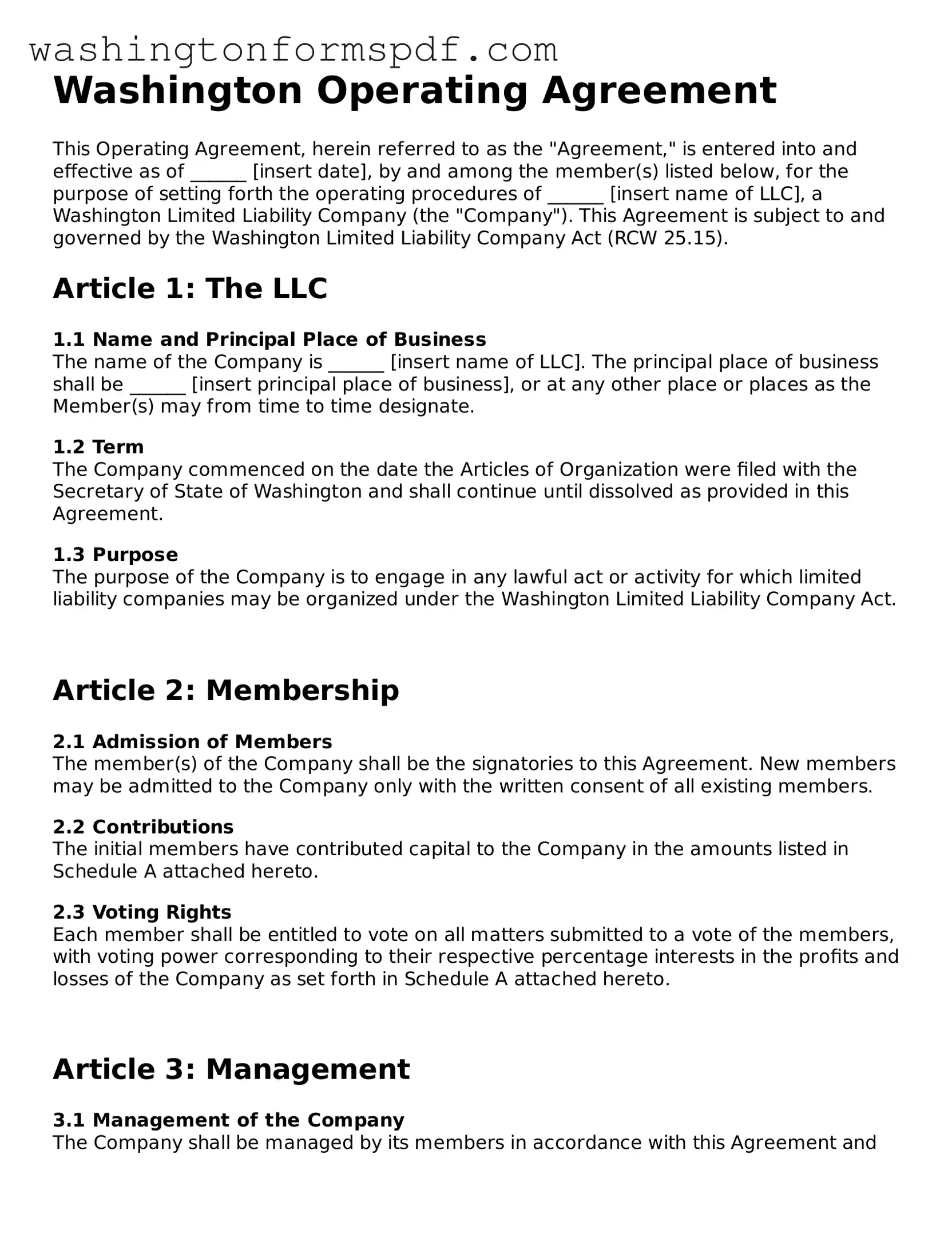 Printable  Operating Agreement Template for Washington