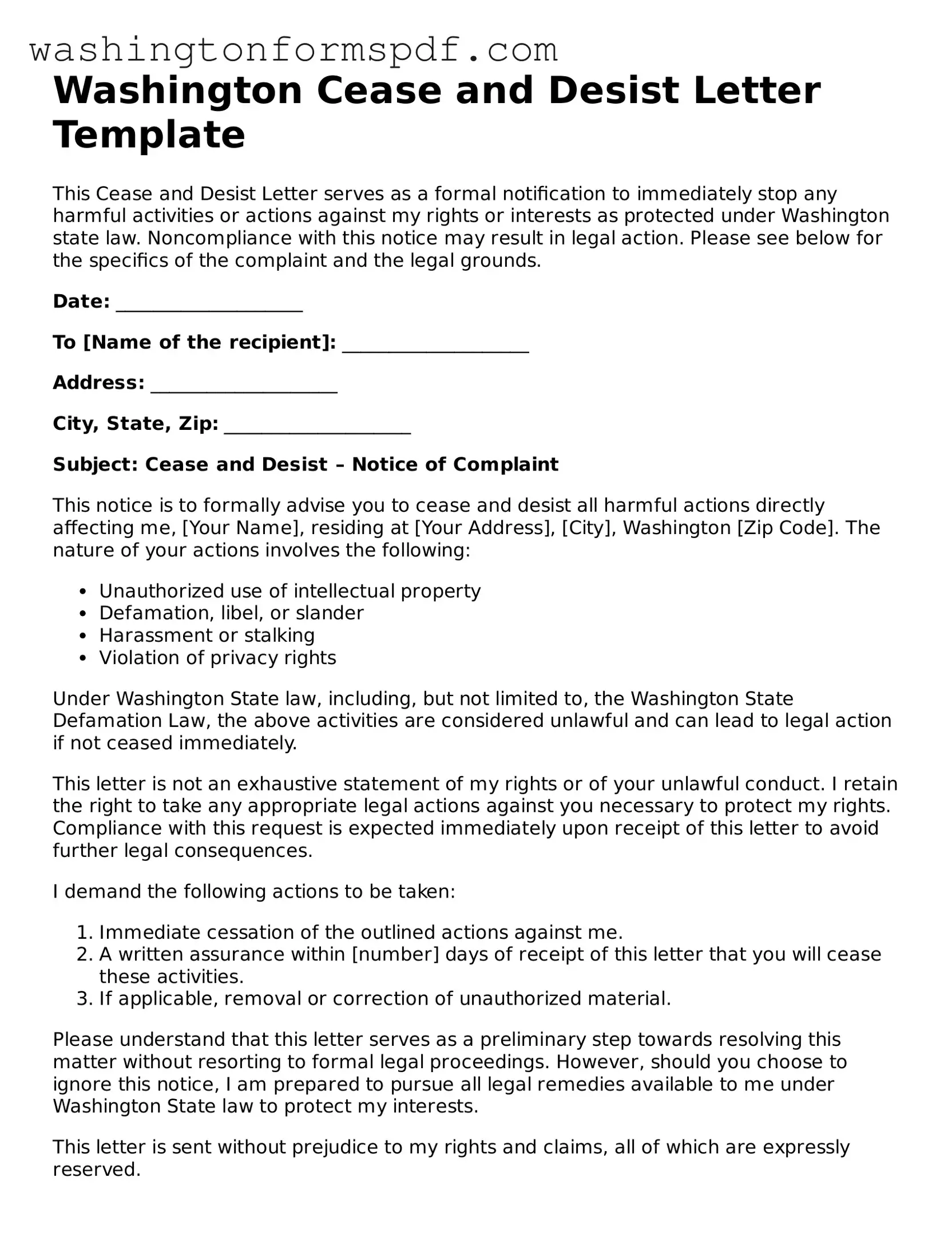 Printable  Cease and Desist Letter Template for Washington