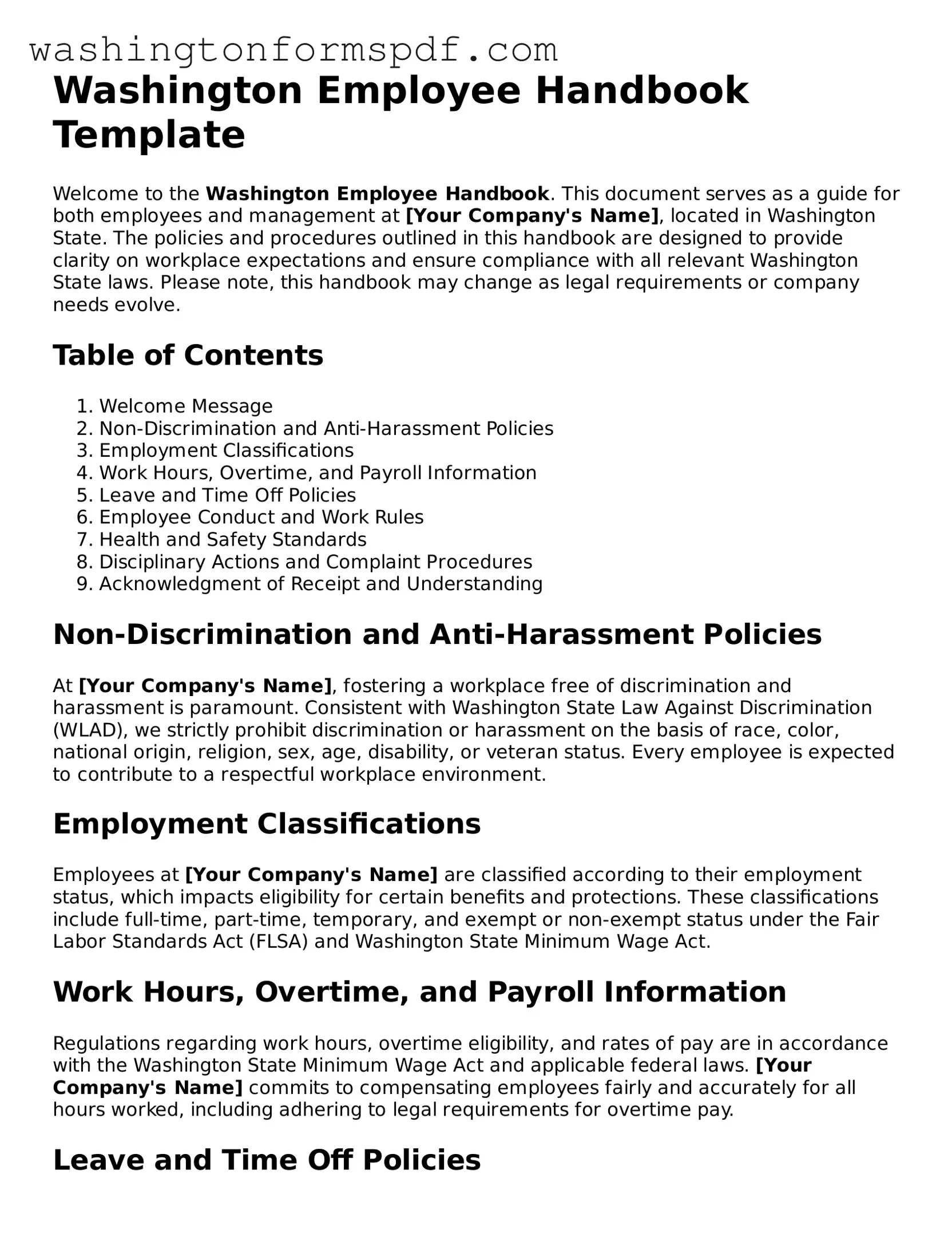 Printable  Employee Handbook Template for Washington