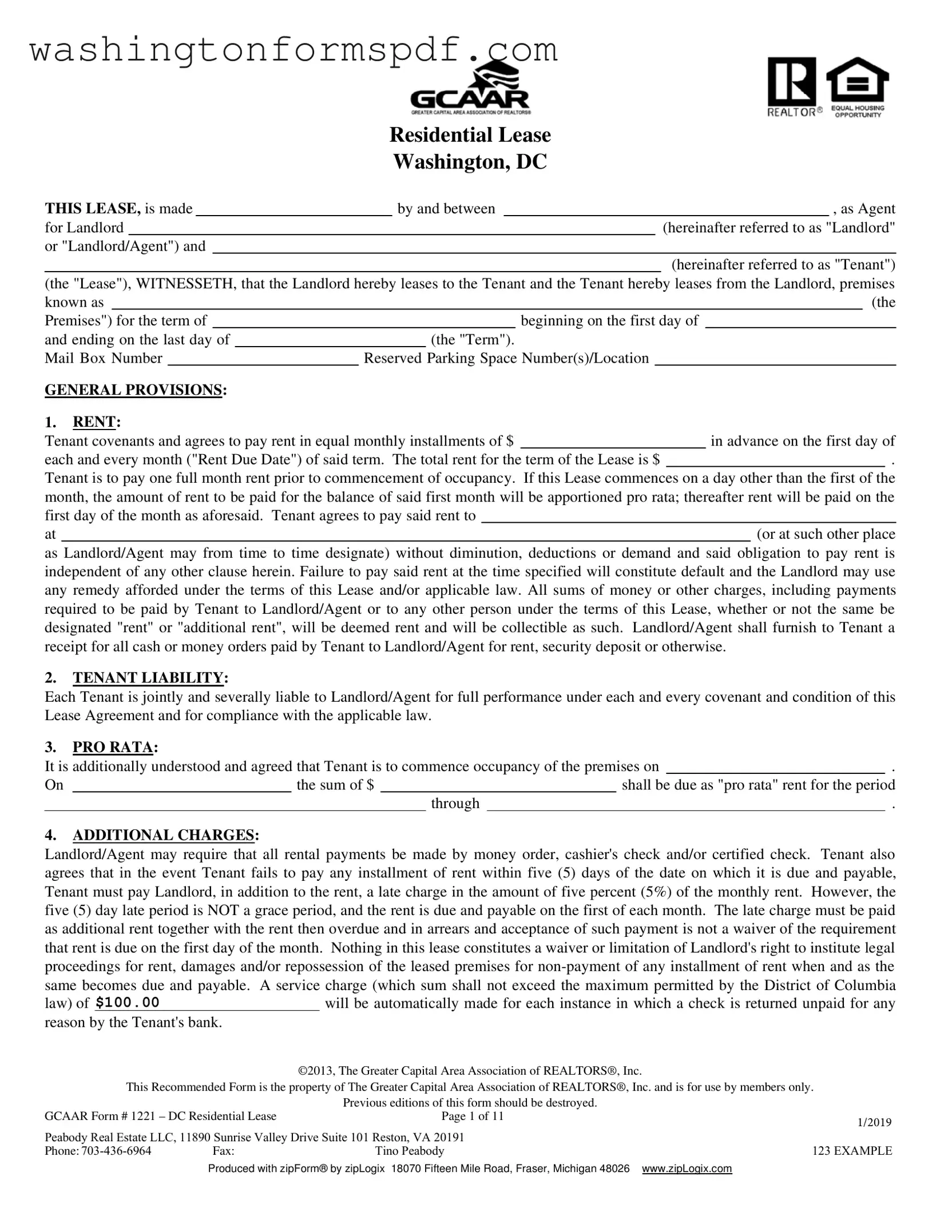 Official Washington Dc Residential Lease Agreement Form in PDF