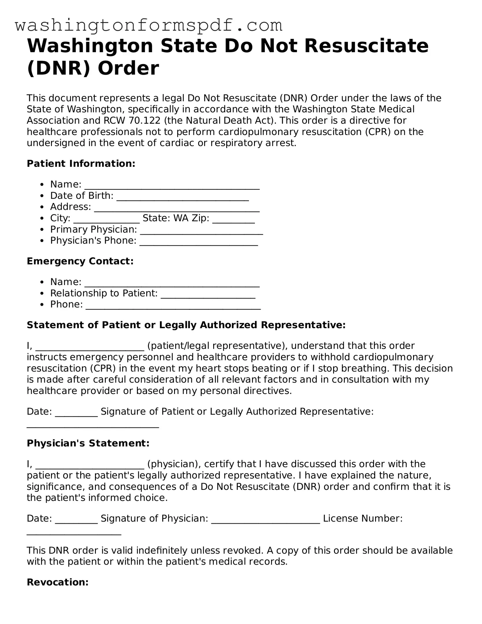 Printable  Do Not Resuscitate Order Template for Washington