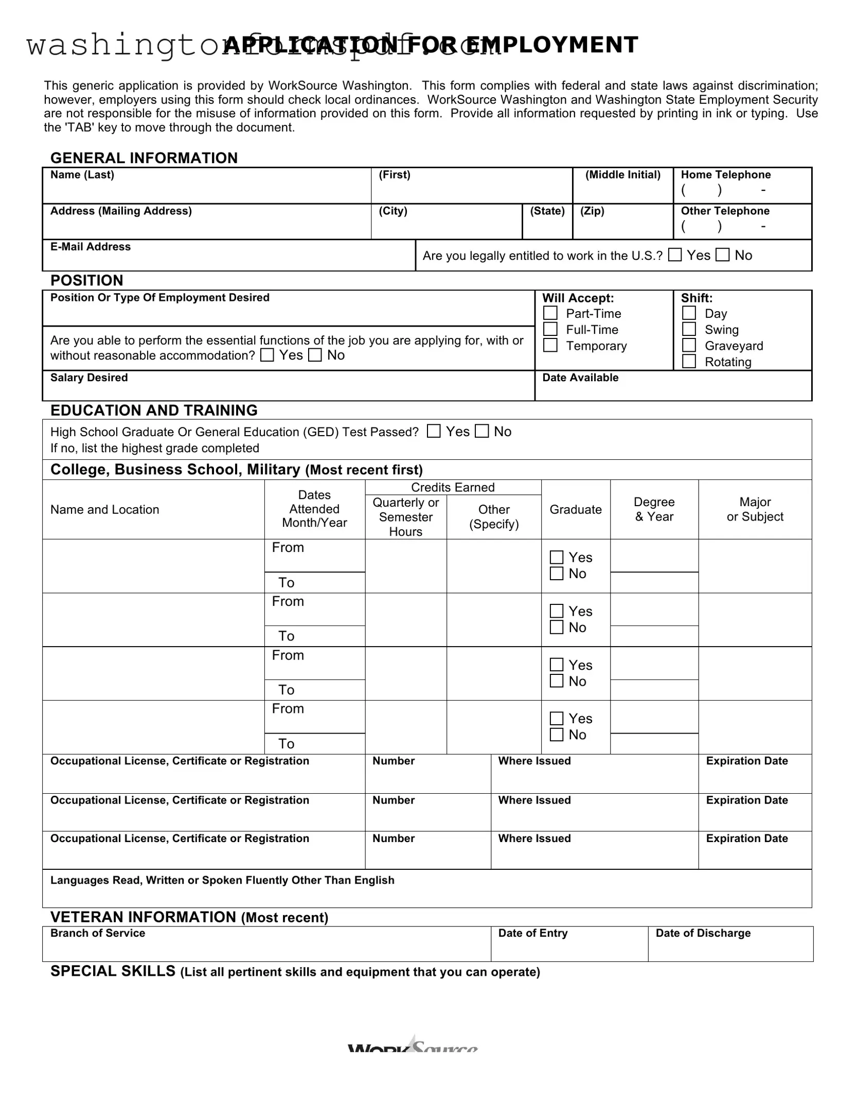 Official Washington Employment Application Form in PDF