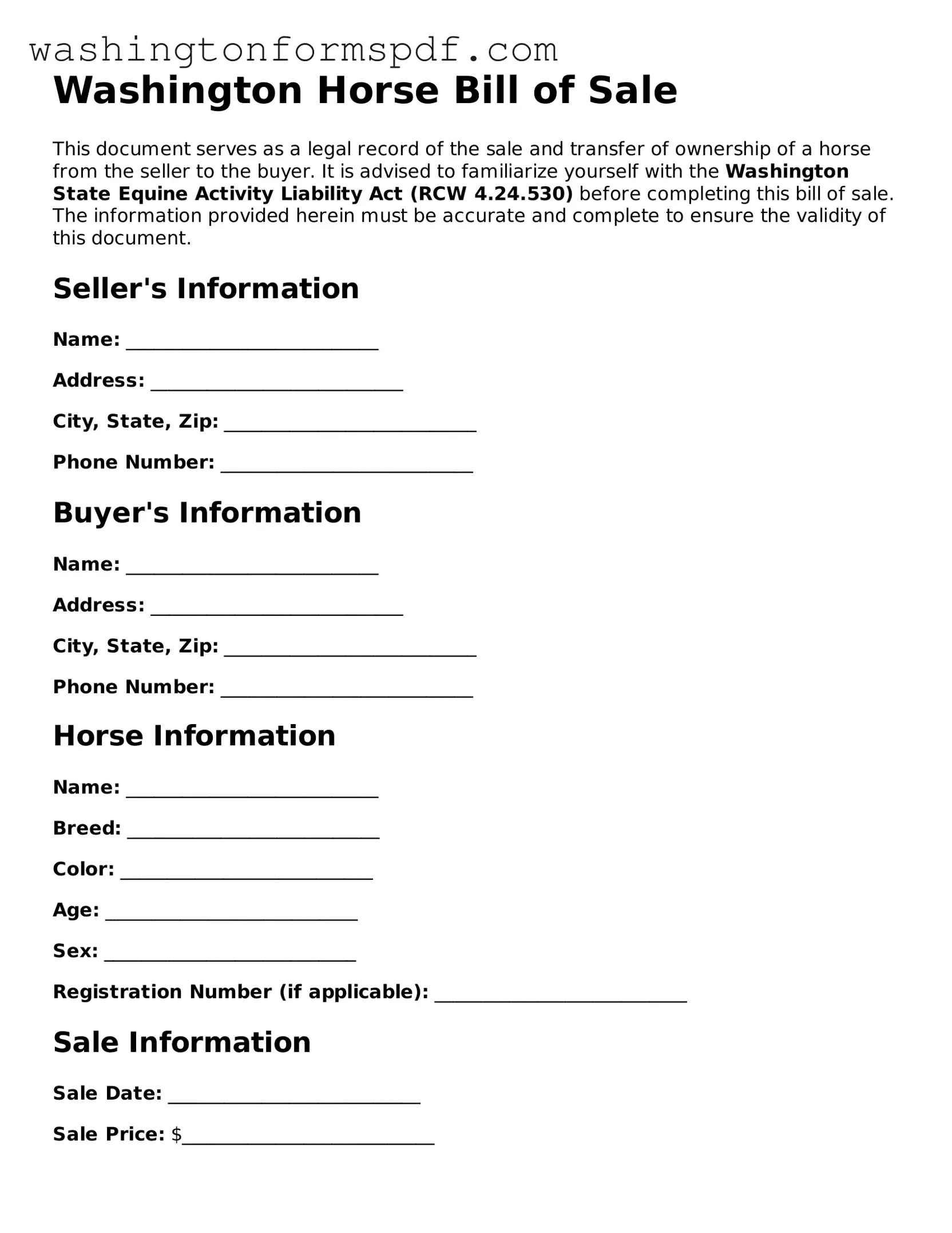 Printable  Horse Bill of Sale Template for Washington