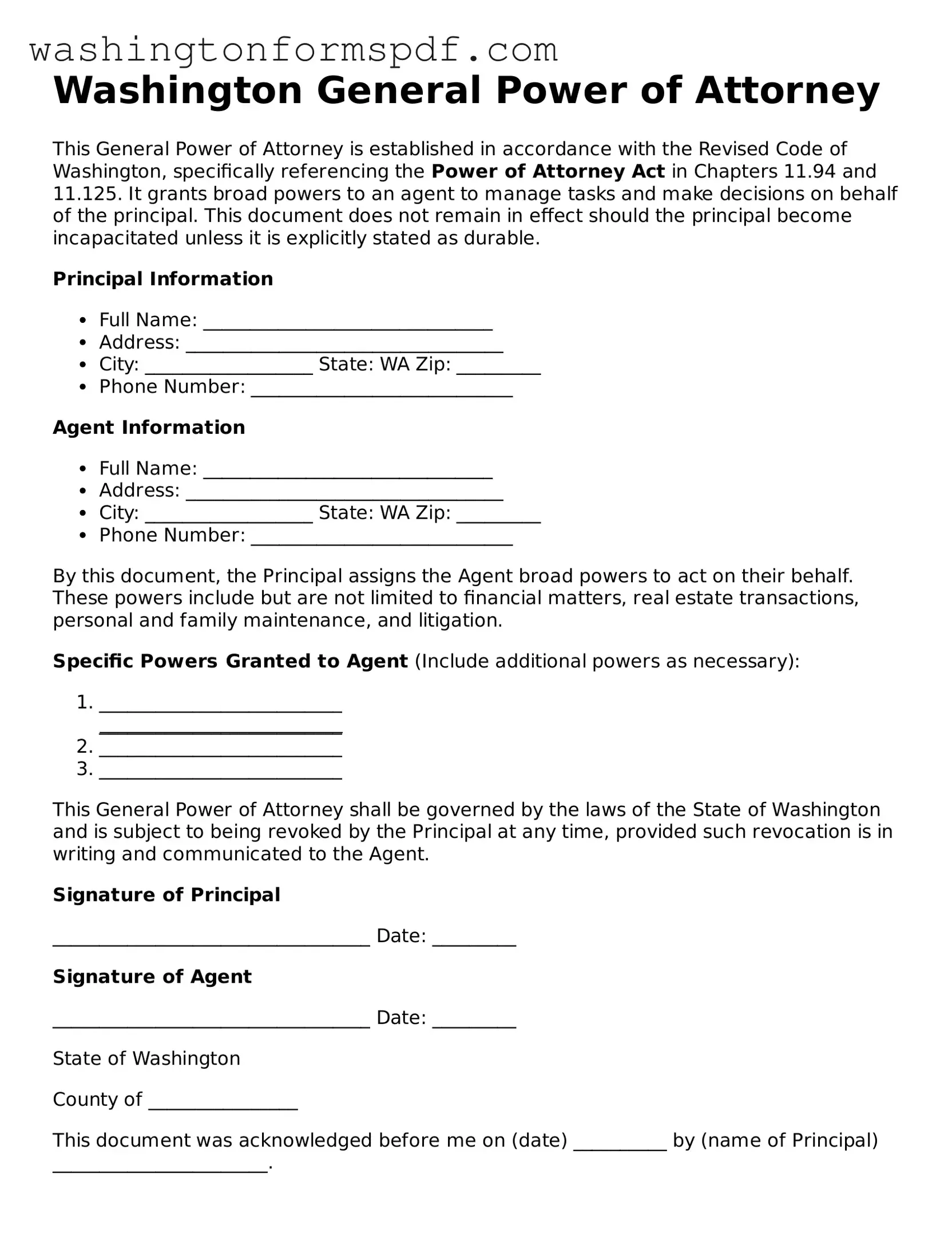 Printable  General Power of Attorney Template for Washington