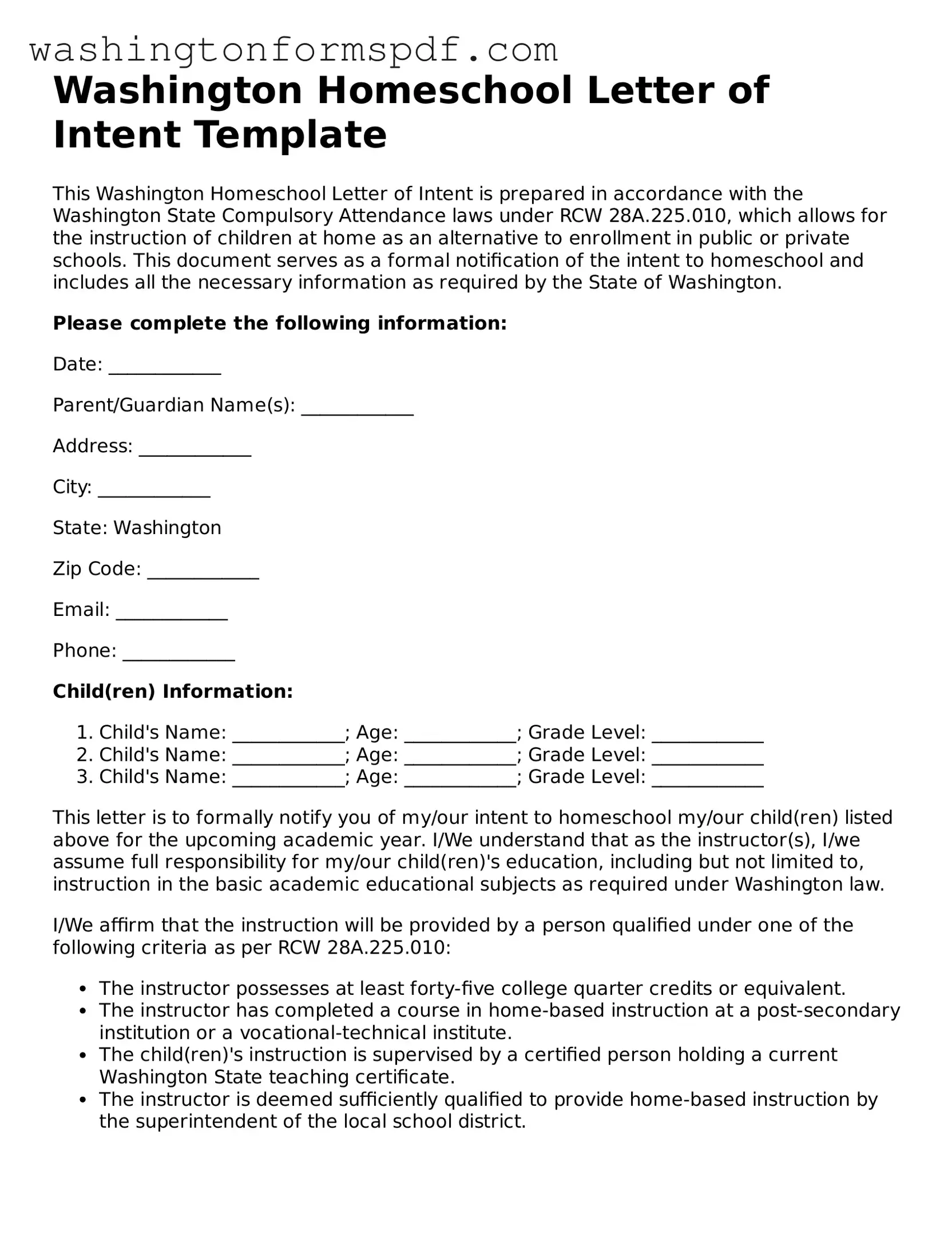 Printable  Homeschool Letter of Intent Template for Washington