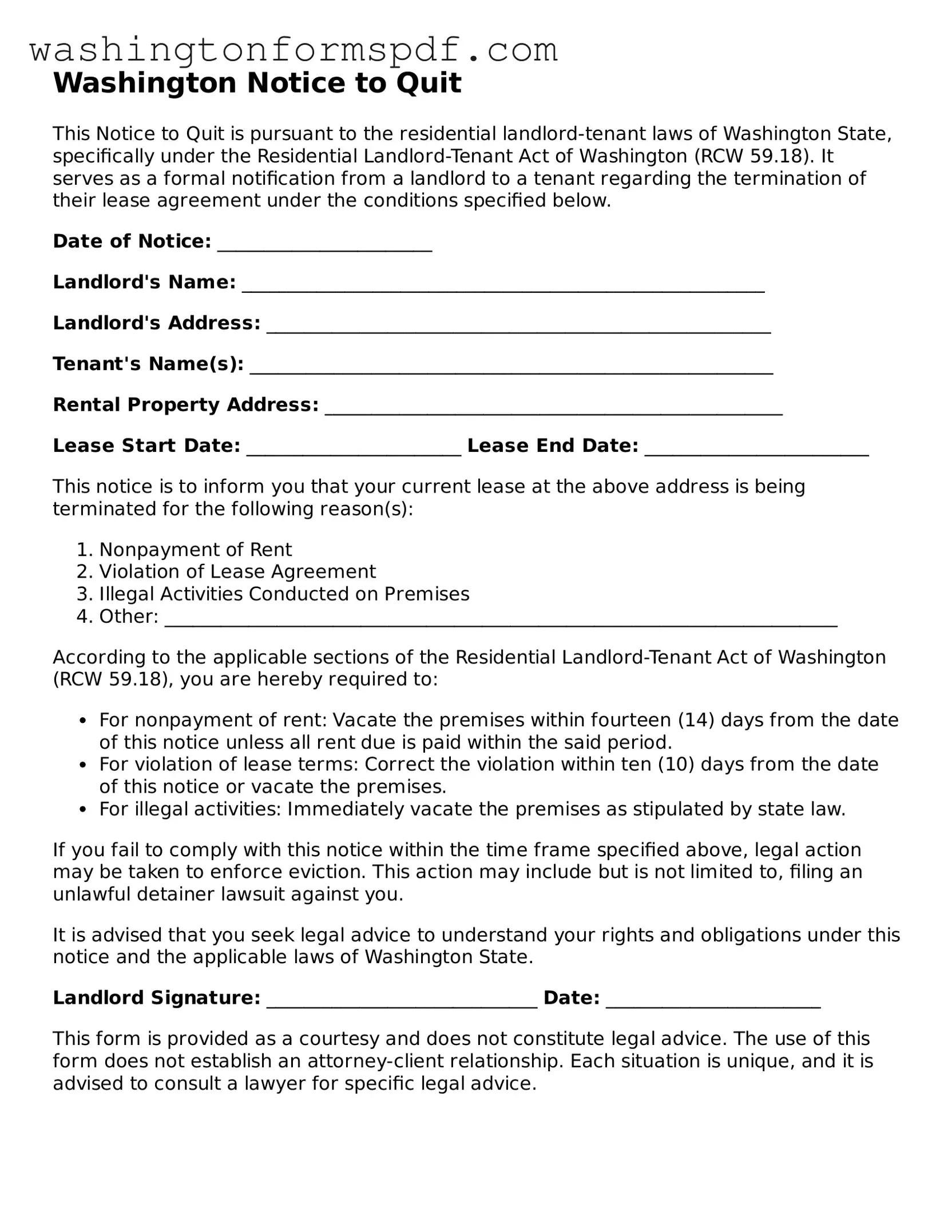 Printable  Notice to Quit Template for Washington