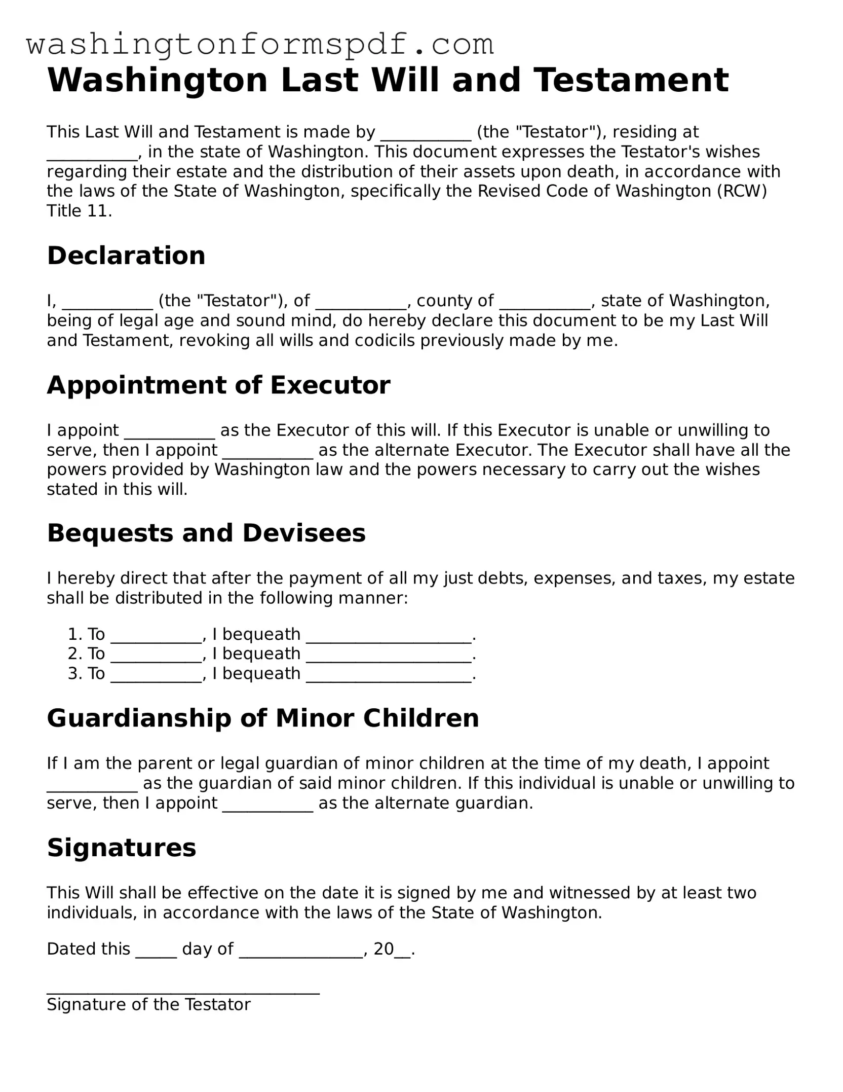 Printable  Last Will and Testament Template for Washington