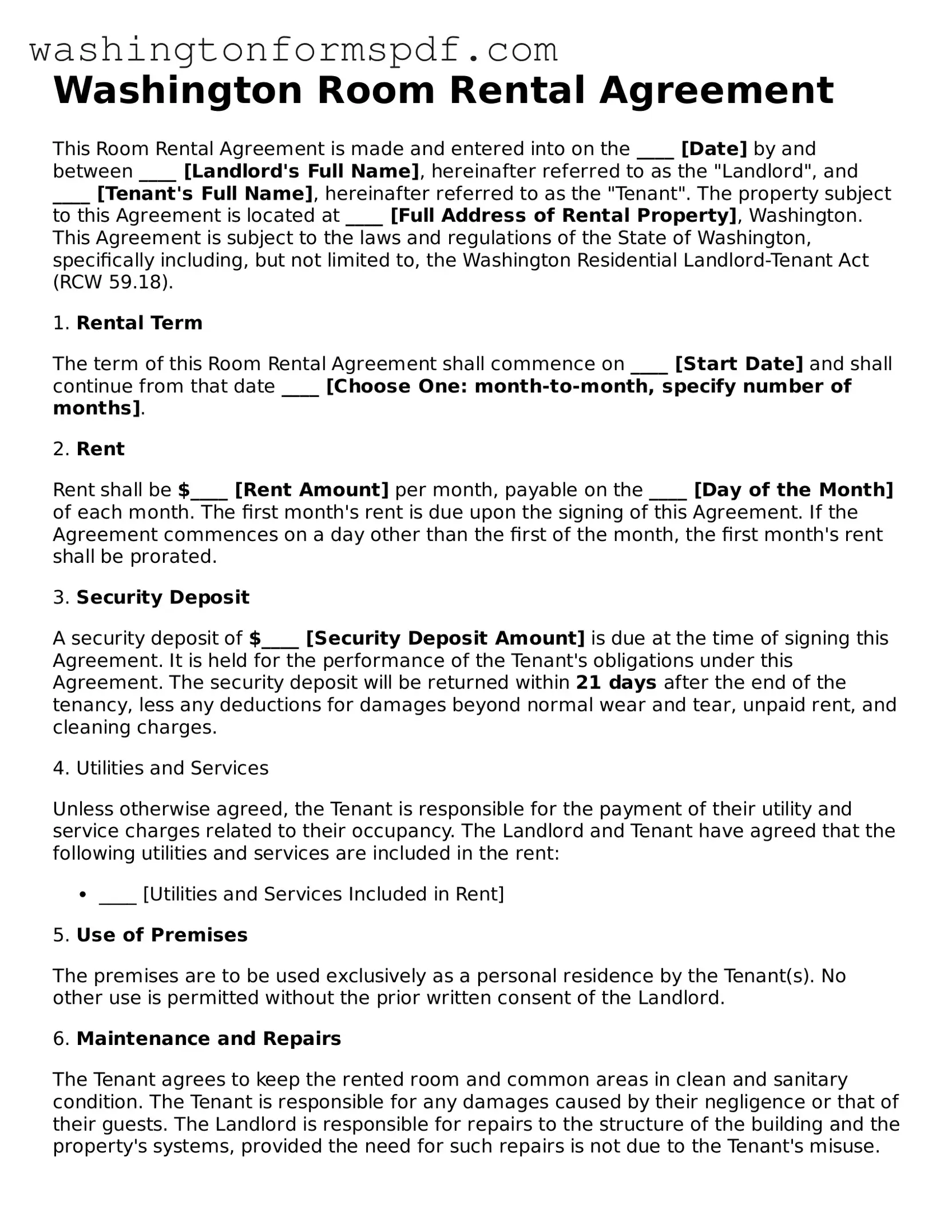 Printable  Room Rental Agreement Template for Washington