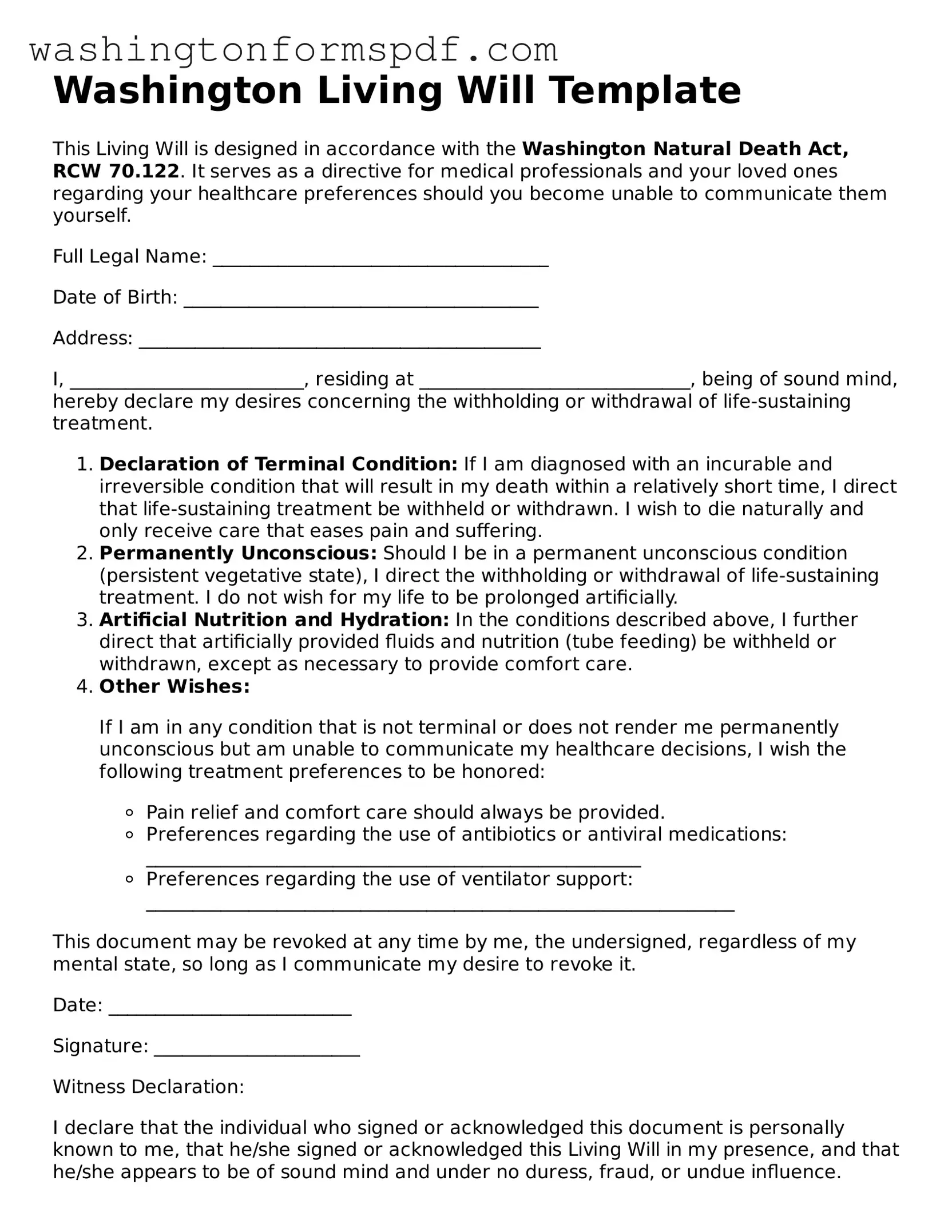 Printable  Living Will Template for Washington