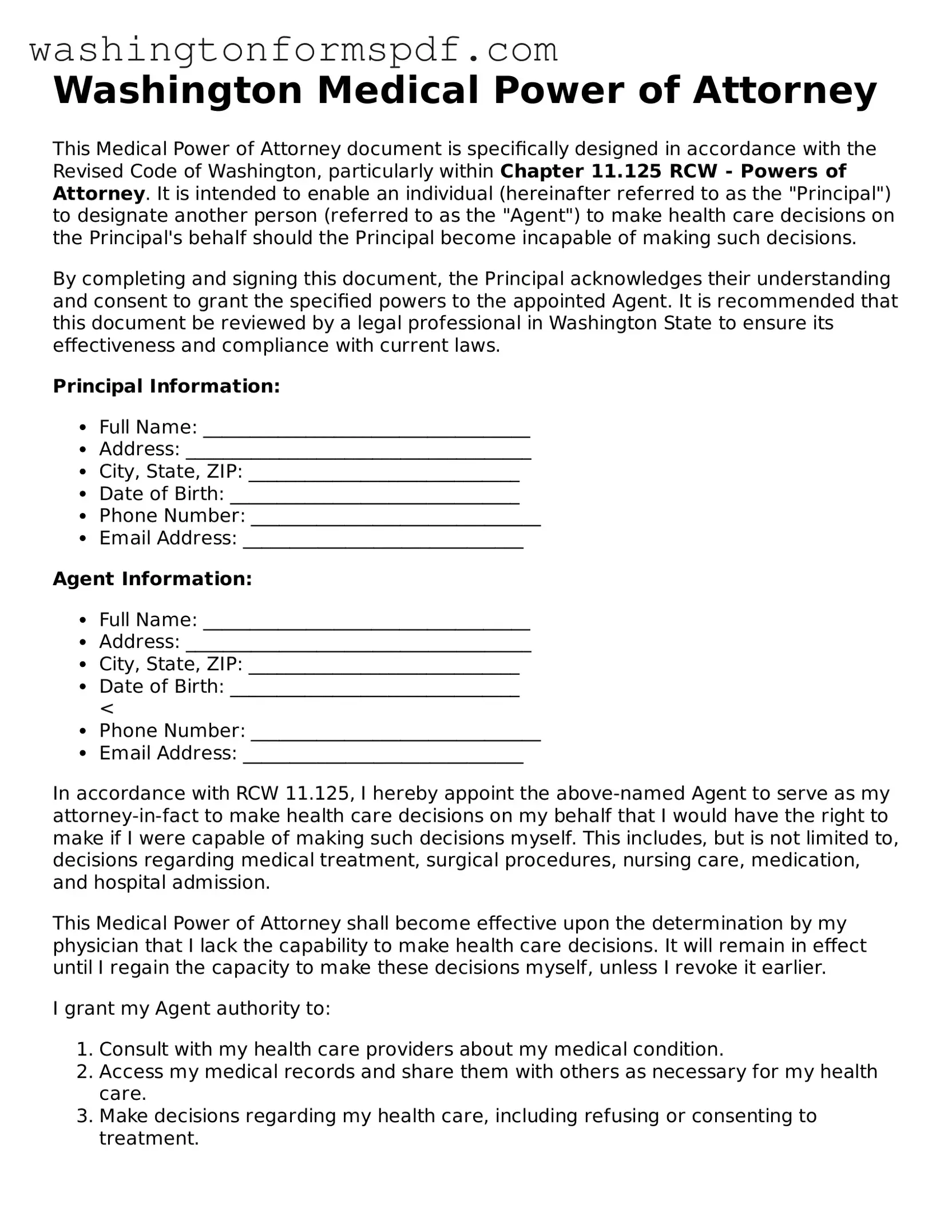 Printable  Medical Power of Attorney Template for Washington