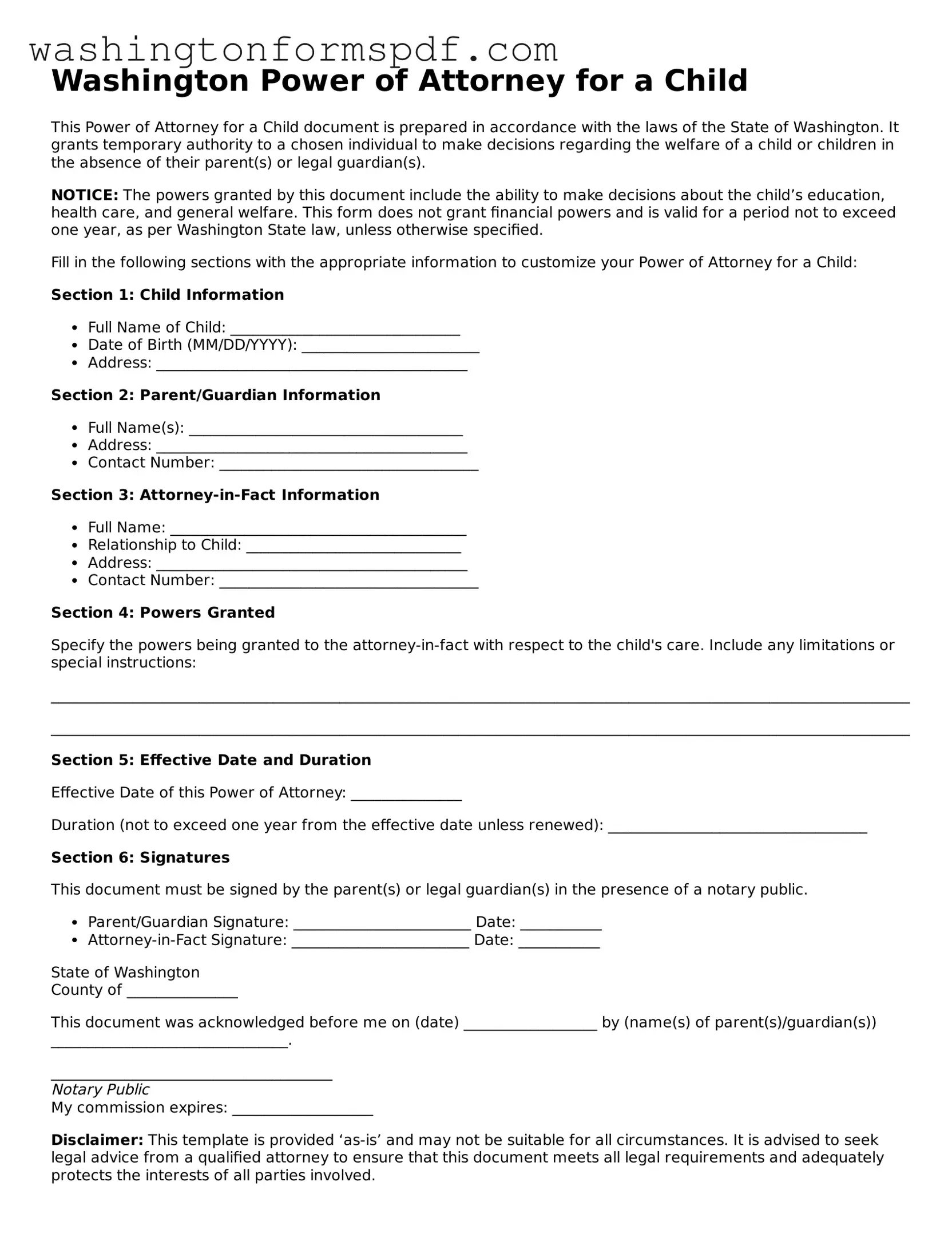 Printable  Power of Attorney for a Child Template for Washington